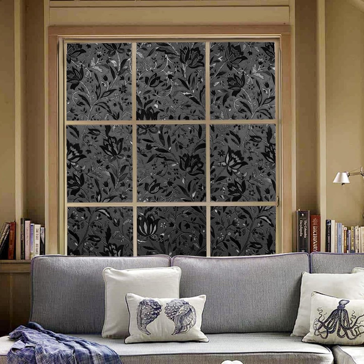 LEMON CLOUD Total Blackout Window Film Privacy Static Cling Frosted Black Window Covering 100% Opaque Film Tint Darkening Removable Film for High Privacy,(Blackout Tulip Design,23.6 x78.7 inches)