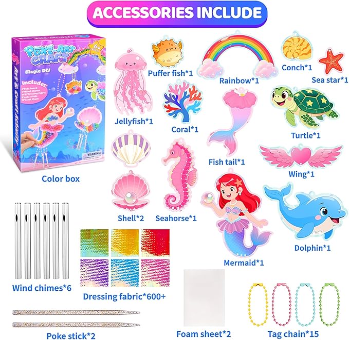 Ancitoy Ocean Mermaid Poke Art Wind Chime Craft Kit – DIY Arts and Crafts for Kids Ages 4-9, Mess-Free Fabric Art Activity, Creative Birthday Gift for Girls and Boys
