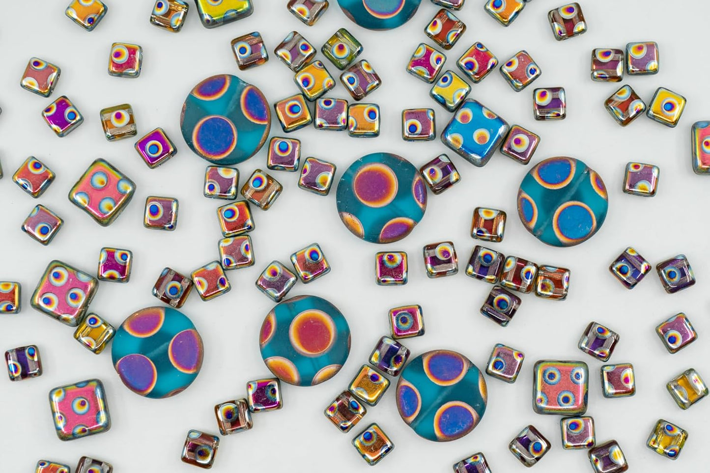 1.75 oz (50g) Mix of Unique Czech Bohemia Glass Pressed Beads, Blue Violet Pink Vitrail Sliperit, Dot Patterned, Matte and Glossy, Hand Made BCV