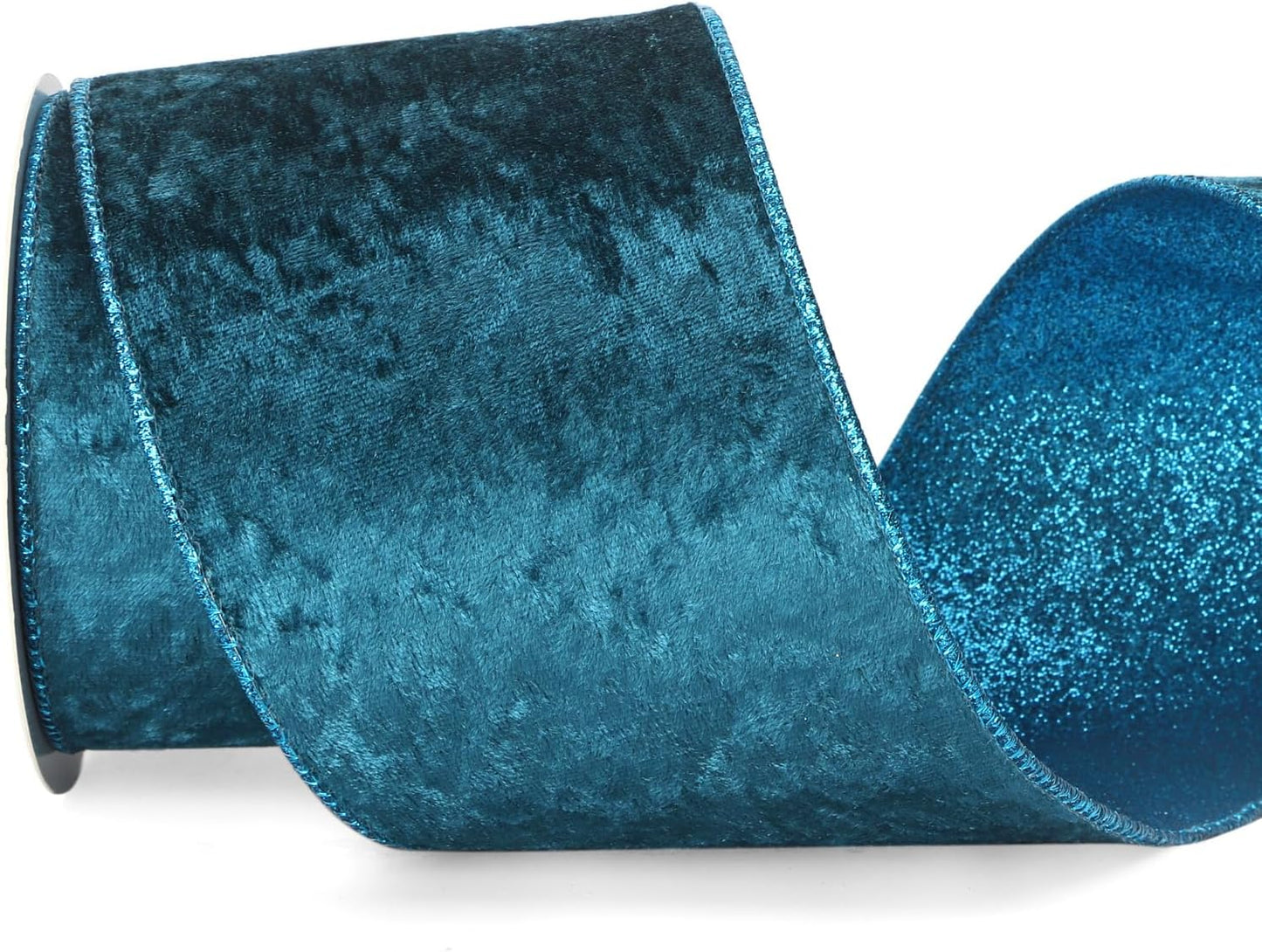 Ribbli Turquoise Blue Velvet Wired Ribbon 4 Inch Teal Velvet with Turquoise Glitter Christmas Ribbon for Christmas Tree Decoration Big Bow Gift Wrapping Crafts Wreaths Supplies- 10 Yards