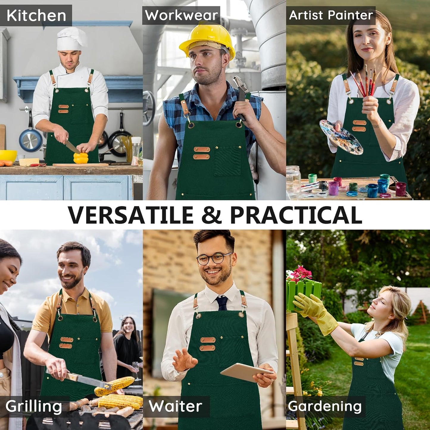 Canvas Aprons, Kitchen Chef Aprons, Work Aprons for Men Women, Adjustable Strap Aprons with 3 Pockets