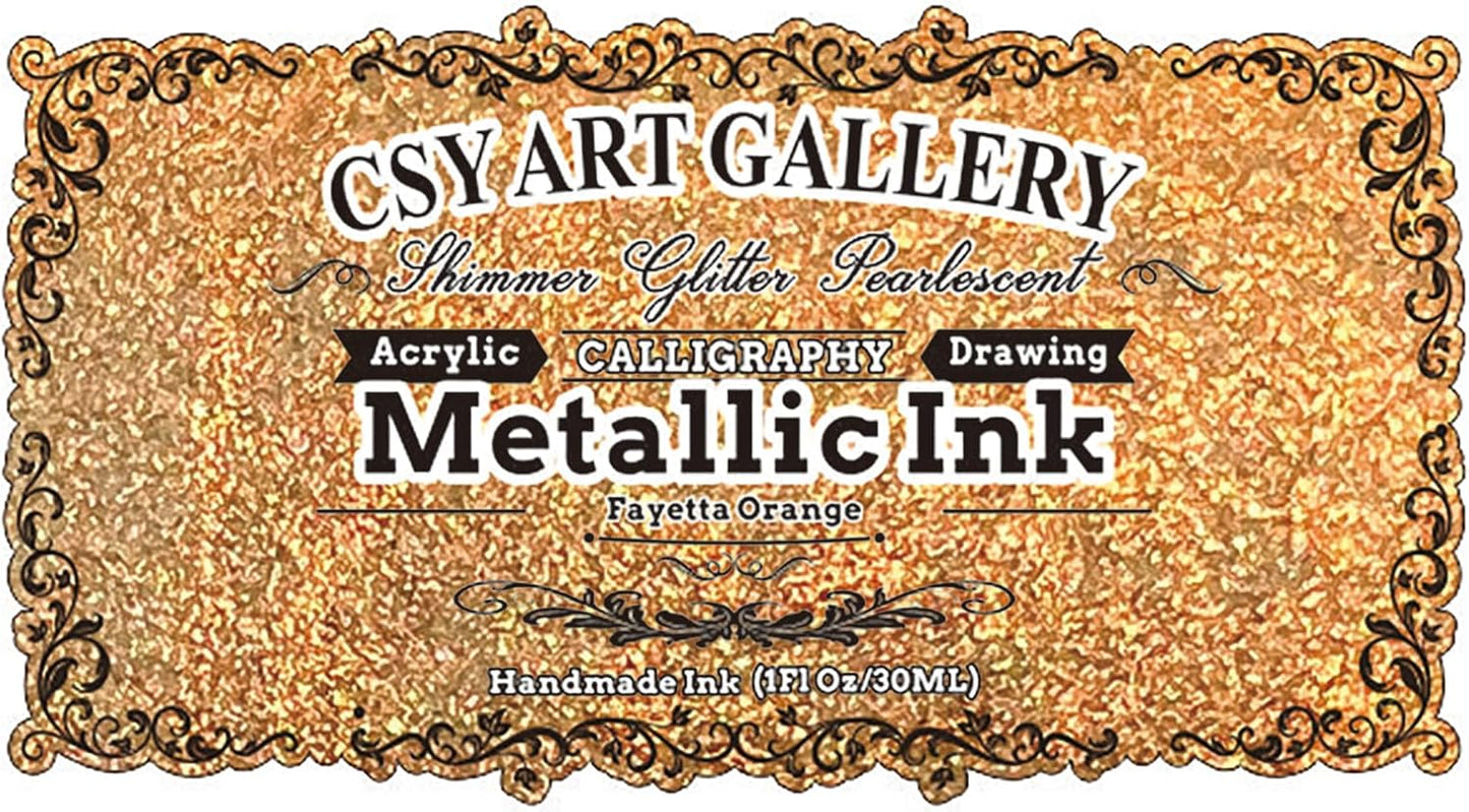 CSY art gallery Metallic Acrylic Paint Ink-Craft Paint-Calligraphy Inks,Glitter-Pearlescent -Gold Drawing Ink Liquid Gold Leaf Paints with Dropper, 1oz - 29.5 ml (Fayetta Orange)