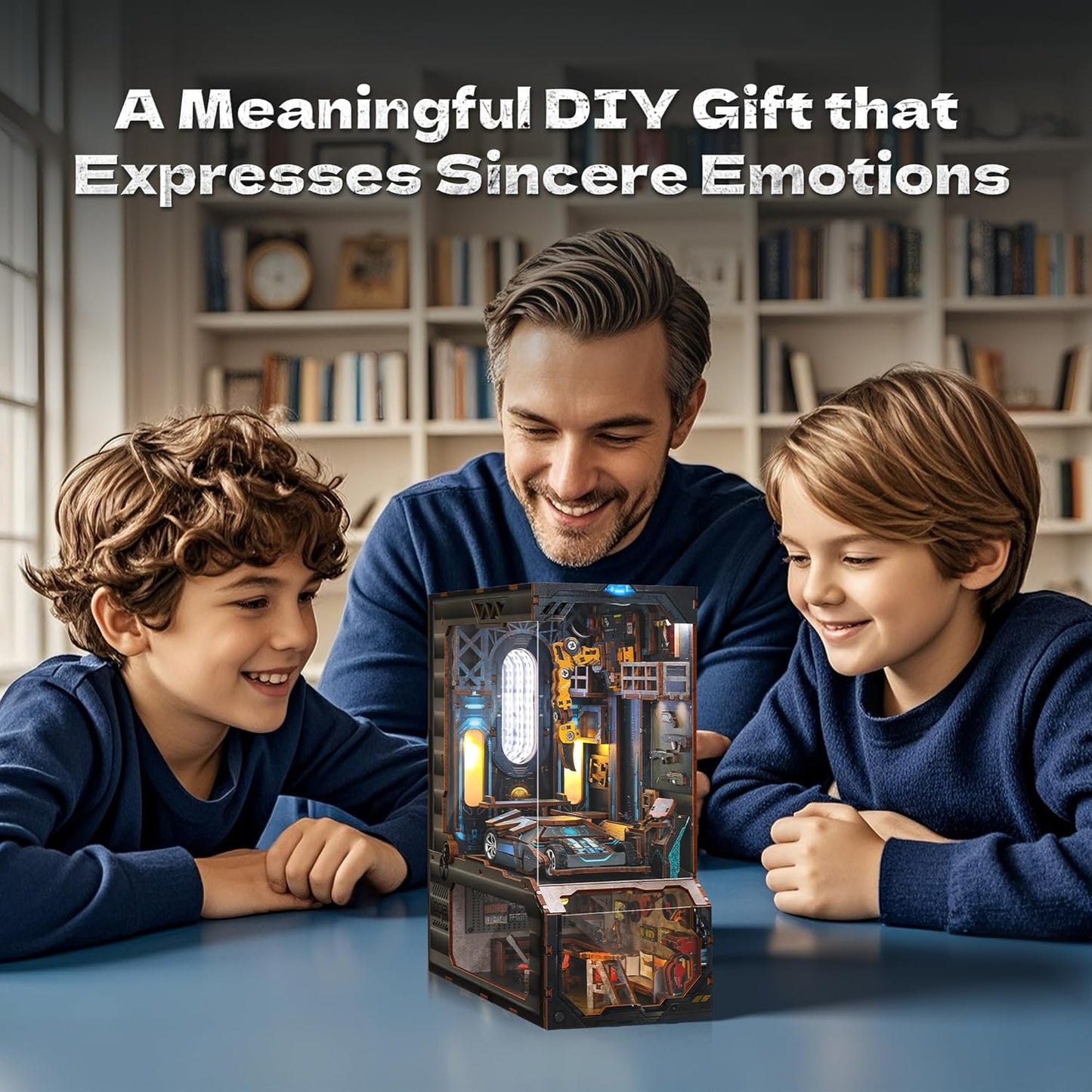 3D Wood Puzzle Book Nook Kit, Automobile Workshop Miniature Bookshelf Insert Décor with LED Lights, DIY Mechanical Model for Display, Unique Craft for Adults and Teens (Automobile Workshop)