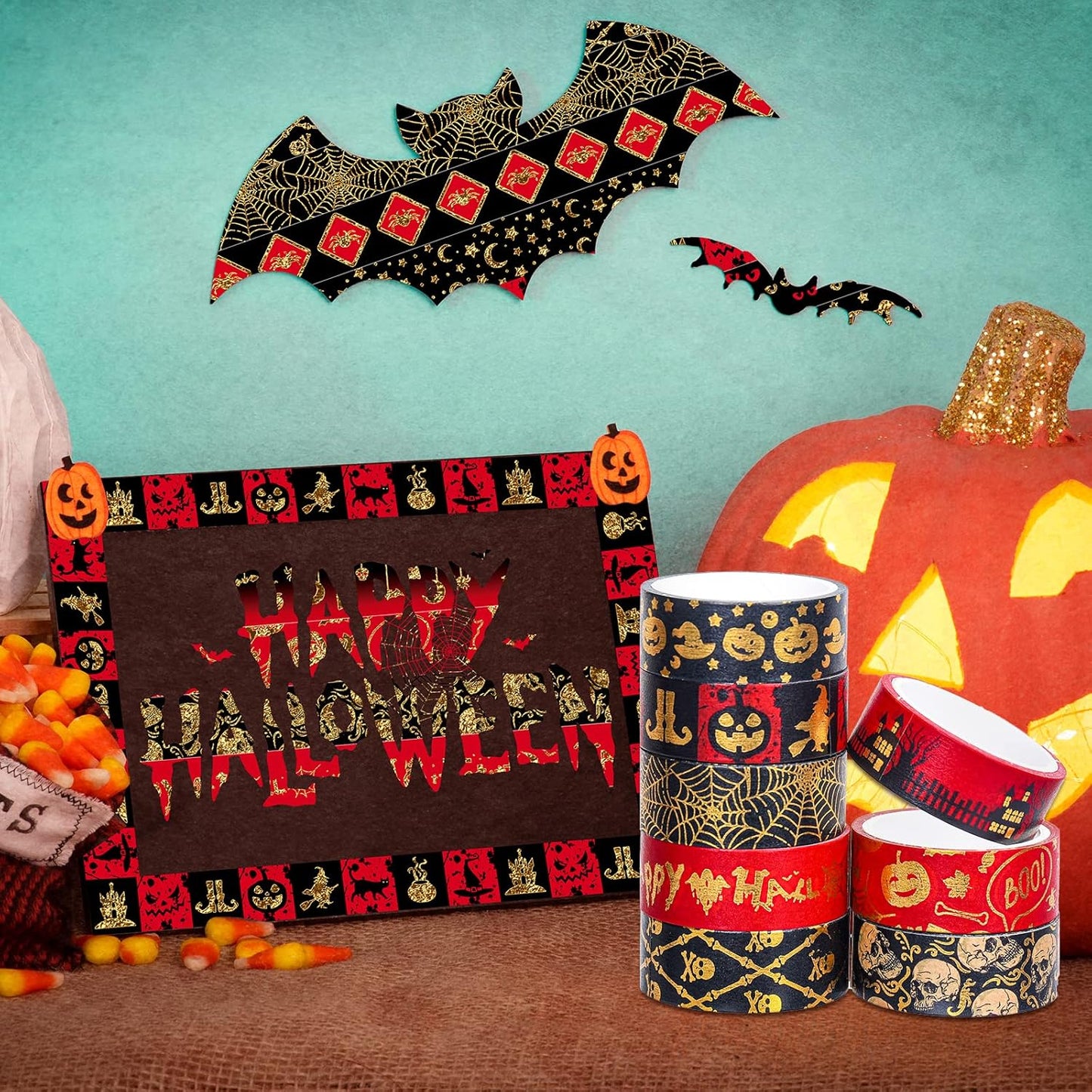 Whaline 12 Rolls Halloween Washi Tapes Red Black Foil Gold Decorative Tapes Skull Spider Web Pumpkin Pattern Masking Tapes for Halloween Scary Scrapbook Journal DIY Craft Gift Wrapping, 9.8Ft