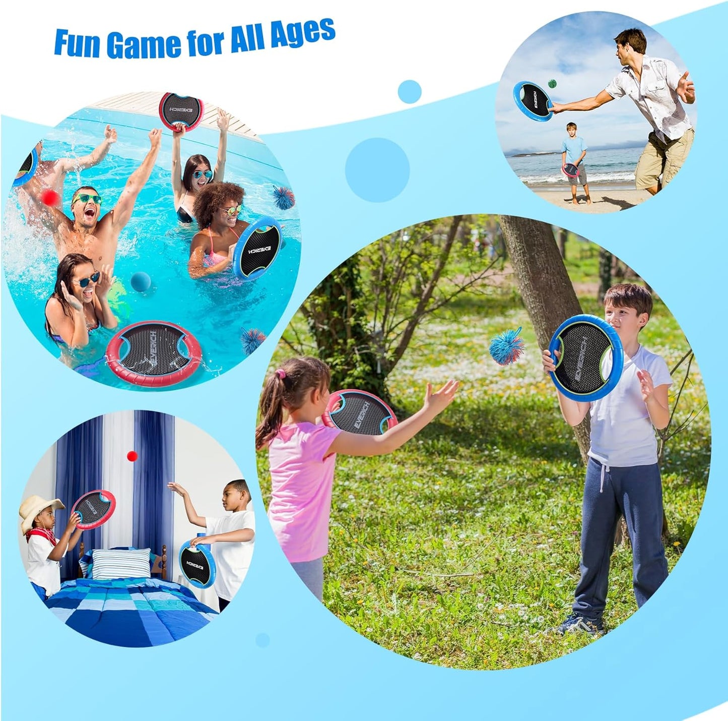 EVERICH TOY Trampoline Paddle Ball Set with 2 Bouncy Paddles & 4 Balls - Soft Foam Design for Kids Play Indoor Outdoor Beach Backyard Lawn - Great Gift Idea for Boys & Girls (Blue & Red)