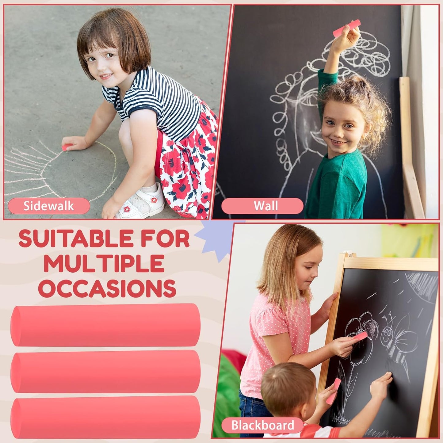 Fulmoon 40 Pcs Jumbo Sidewalk Chalk for Kids Outdoor Art Non Toxic Large Washable Street Chalk for Adults Drawing Painting Classroom(Red,Round Style)