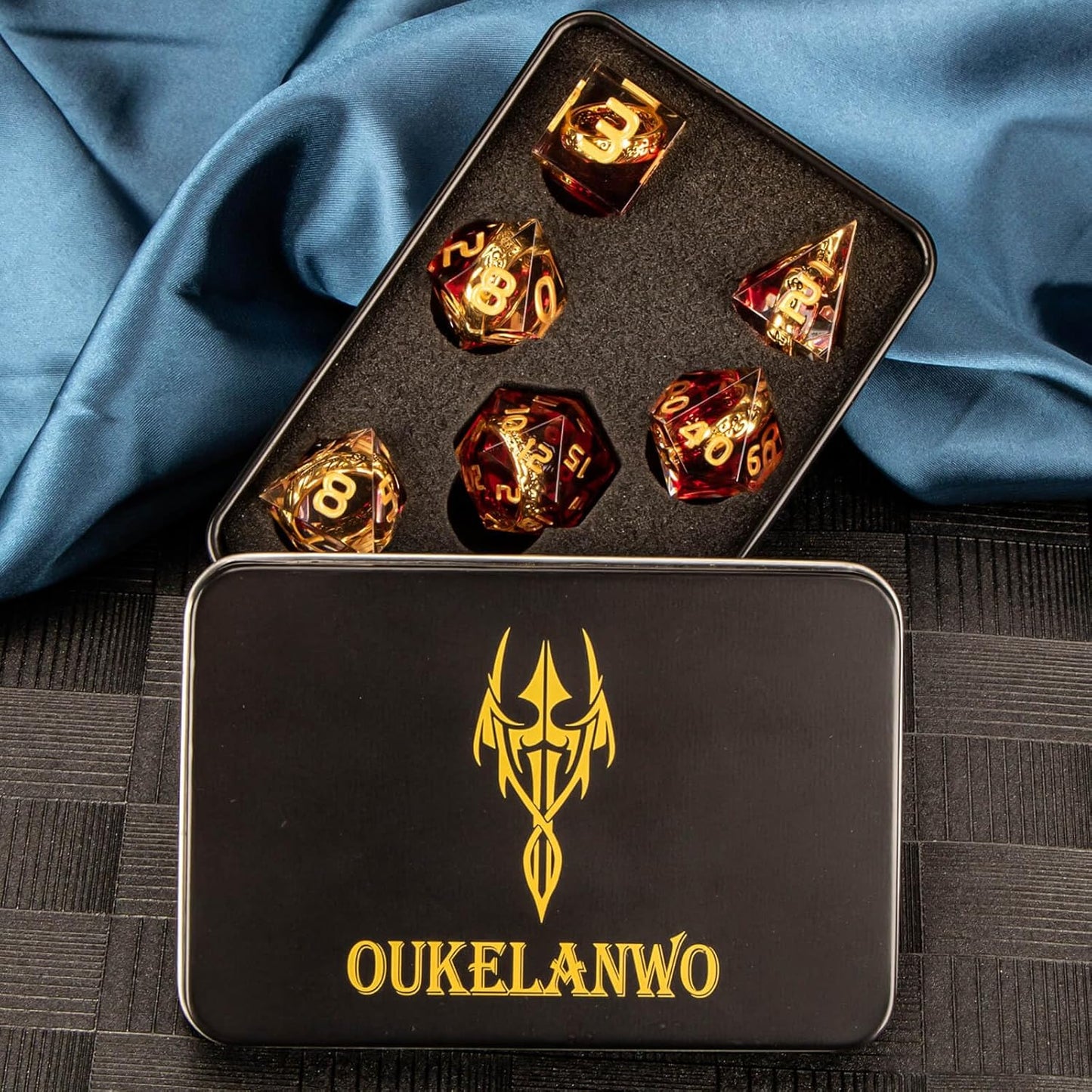 OUKELANWO Magic Lord Rings DND Dice Set with Box, 7Pcs Resin LOTR D&D Dice Set for Role Playing Game, Red Gold Dungeons Dragons D and D Sharp Edge Dice D20 D12 D10 D8 D6 D4