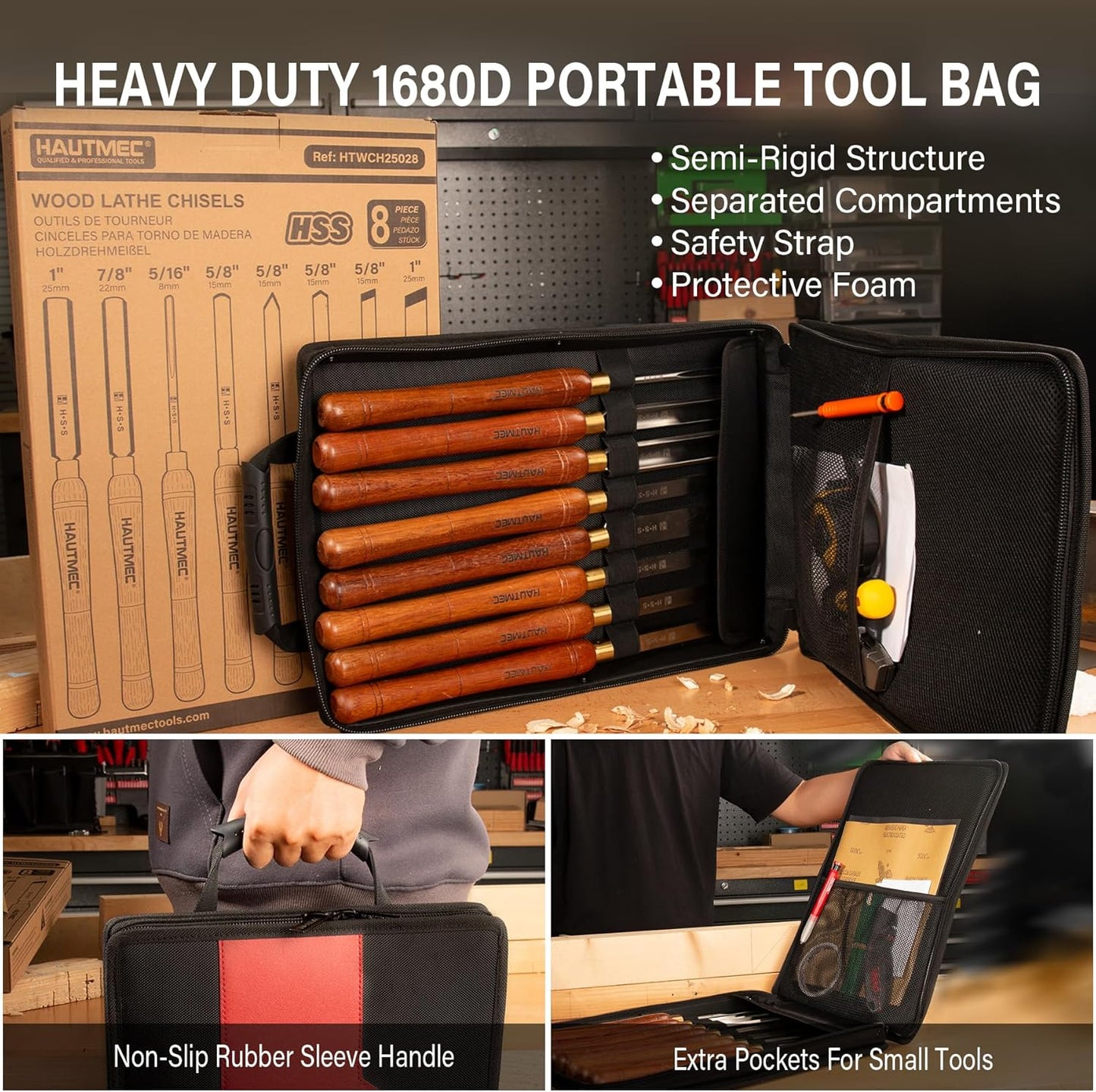 HAUTMEC Pro HSS Wood Lathe Turning Chisel Set 8 Pcs, Lathe Chisel Set with 3 Gouge 2 Skew 1 Spear Point 1 Parting 1 Round Nose Tools with 1680D Tool Bag for Professionals and Beginners - HTWCH25028