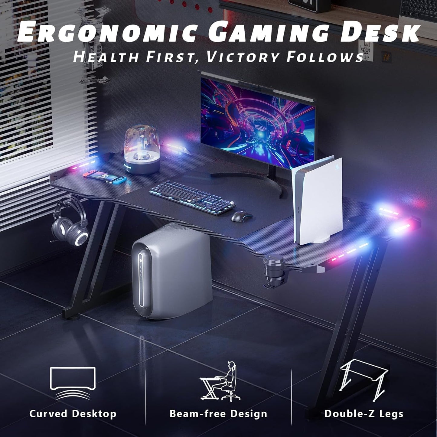 HLDIRECT 47 Inch Gaming Desk with LED Lights, Large RGB Computer Gaming Desk Table with Cup Holder Headphone Hook Mouse Pad, Ergonomic Modern Carbon Fiber Mesa Gamer Pc Work Home Office Desks, Black