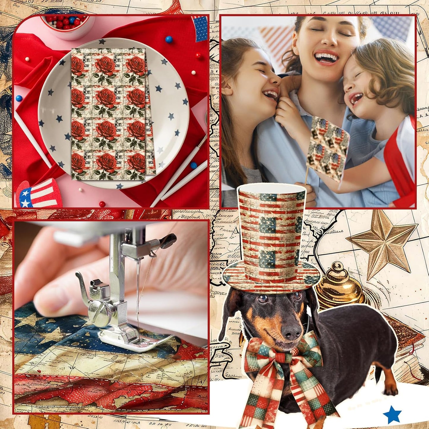 Ganeen 60 Pcs 10 x 10 Inch Vintage Patriotic Quilting Fabric Squares American Flag Fabric Bundle Retro 4th of July Fat Patchwork Precut Stripes for Memorial Day Handmade Material Sewing DIY Crafts