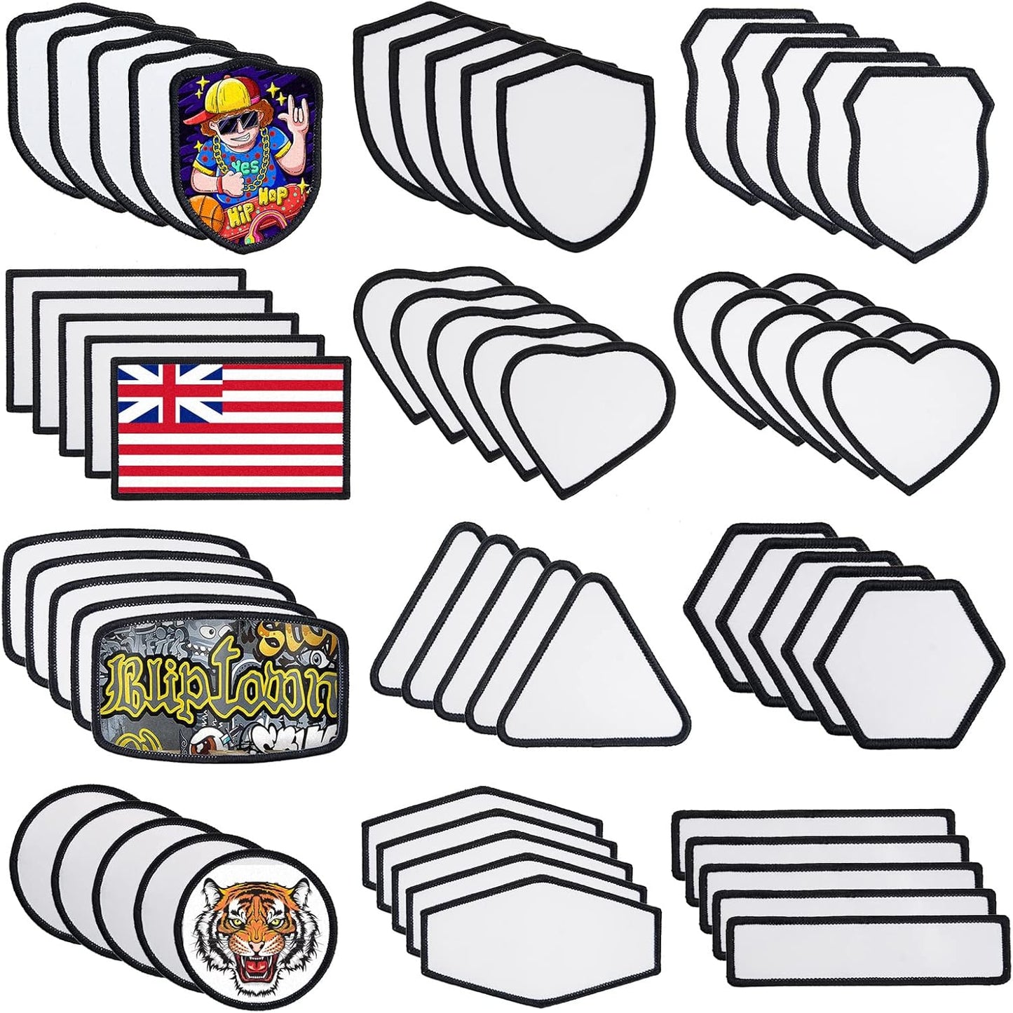 GUX 12 Styles, 60 Pieces Sublimation Blanks Patches Fabric Iron-on Patch Blanks Repair Blank Patches for DIY Hats Shirts Shoes Jeans Bags Supplies(Black Woven Border) (12 Styles Mixed/60PCs)