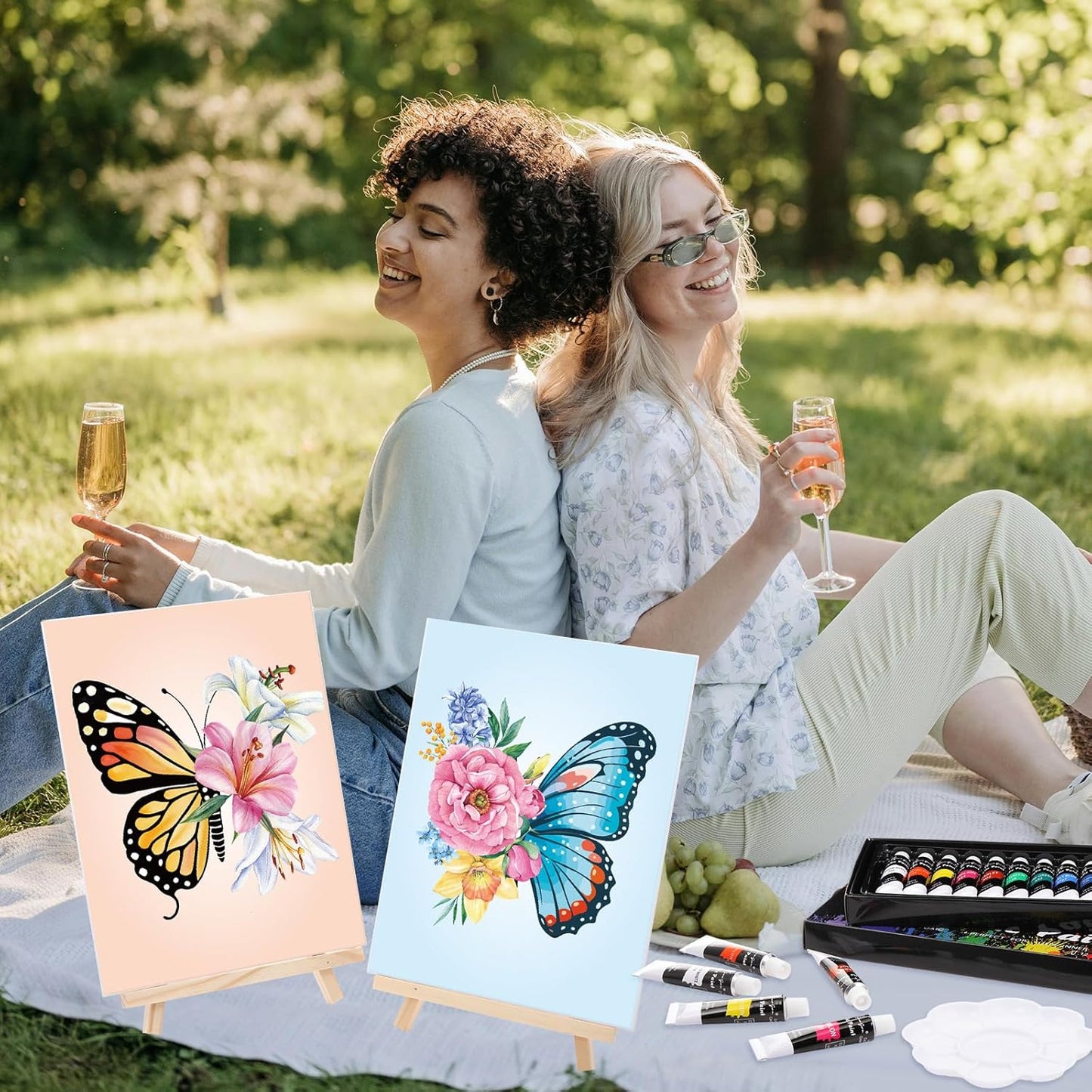 Cholemy 36 Pcs Paint and Sip Kit for Adults 8''x10'' Pre Drawn Canvas for Painting DIY Afro Acrylic Painting Kit Wood Easel Brushes Date Night Bulk for Christmas Party Gifts(Butterfly)