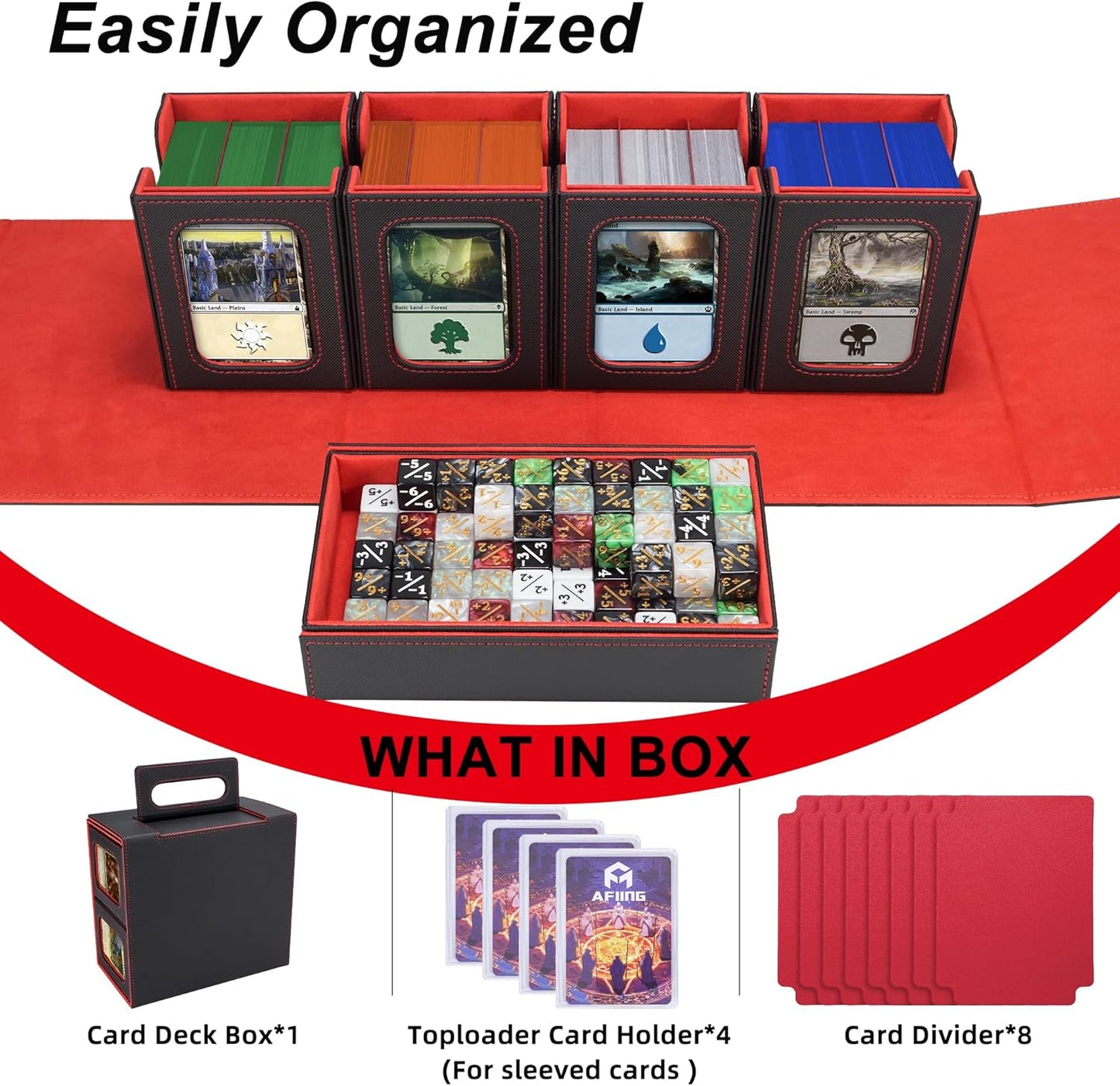 AFIING Commander Deck Box for MTG/EDH, Trading Card Storage Fits 400+ Double-Sleeved Cards, Display Window, 4 Removable Deck Cases, 8 Dividers, Dice Tray & Handle, 4 Toploader Holders (Black Red)