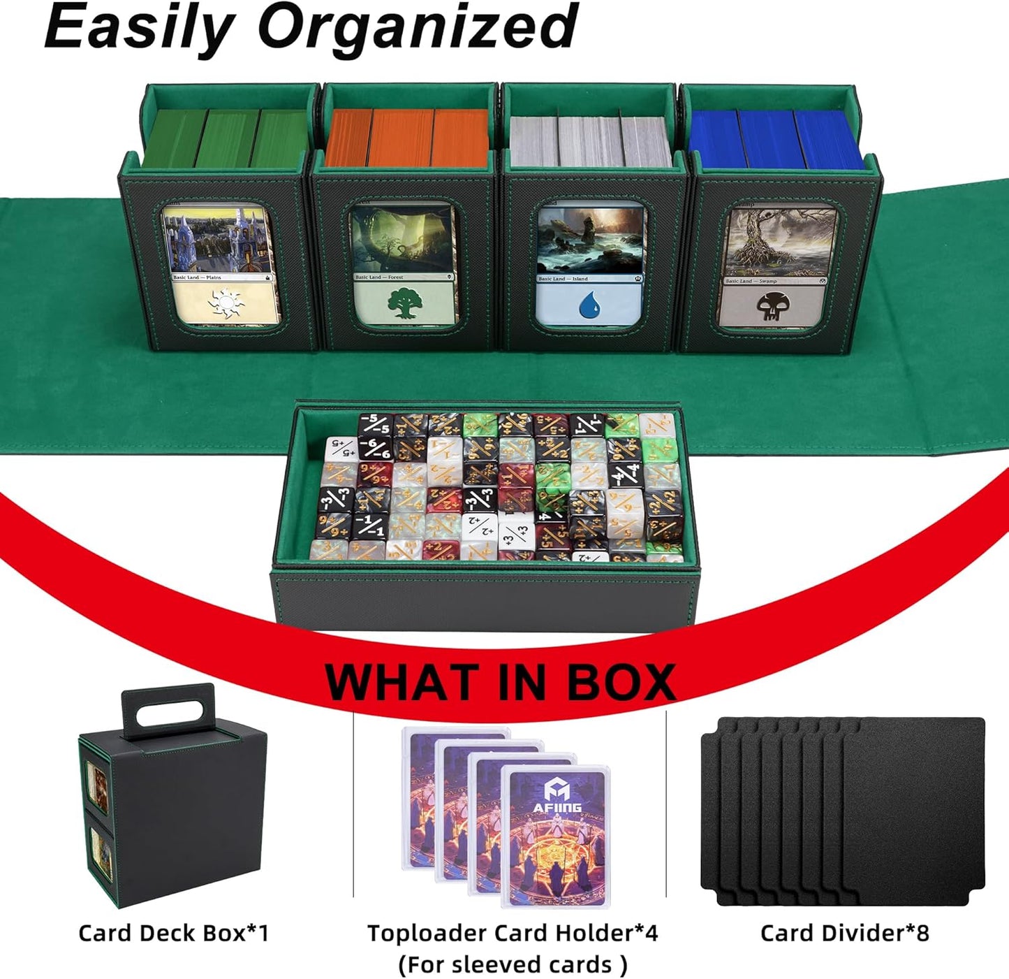 AFIING Commander Deck Box for MTG/EDH, Fits 400+ Double-Sleeved Cards, with Display Window, 4 Removable Deck Cases, Dividers, Dice Tray & Handle, Card Holders for TCG (Black Green)