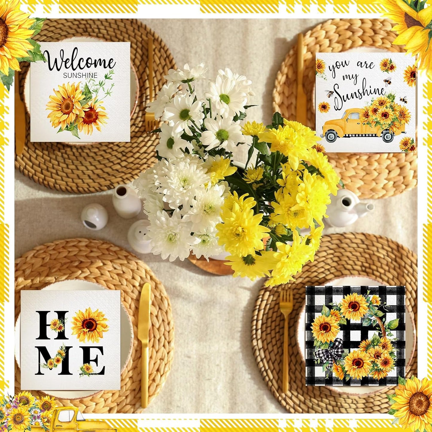 Fulmoon 200 Pieces Summer Sunflower Cocktail Napkins Disposable Floral Dessert Paper Napkins Bulk Sunshine Decoupage Beverage Towel for Summer Sun Party Dinner Decorative