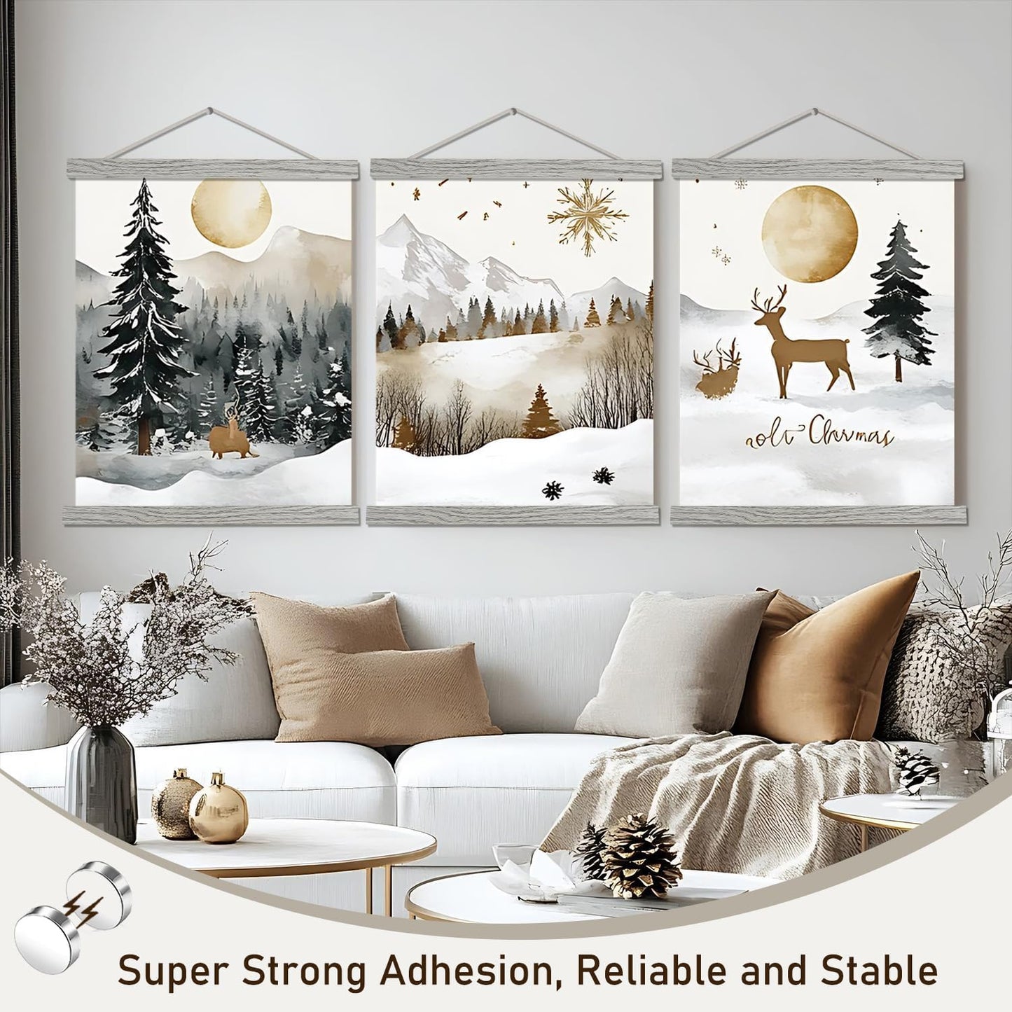 Artmag Magnetic Poster Hanger Frame, 12x18 12x16 12x24 Light Wood Wooden Magnet Canvas Artwork Print Poster Hangers Frames Hanging Kit (Grey, 12")