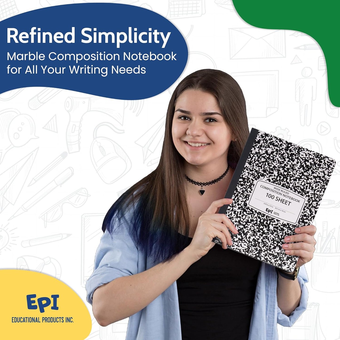 EPI Marble Hardcover Wide Ruled Composition Notebook | 200 Pages (100 Sheets), 9.75 x 7.5 in, Sturdy Sewn Binding | School, Office, Journaling, Notes - 3 Pack