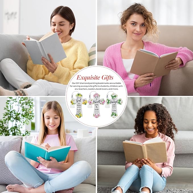 8 Pieces Christian Bible Verse Diamond Art Bookmarks 5d Christian Beaded Bookmark Acrylic Tassel Bookmark for DIY Making Beginners Kids Adults Arts Craft Supplies (Floral)