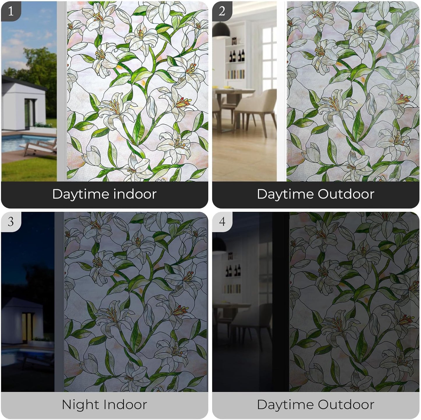3D Stained Glass Window Film, Decorative Window Privacy Film for Bathroom, Front Door, Home, Sun Blocking Heat Control, Static Cling,White Lily 17.3inch x 47.2inch