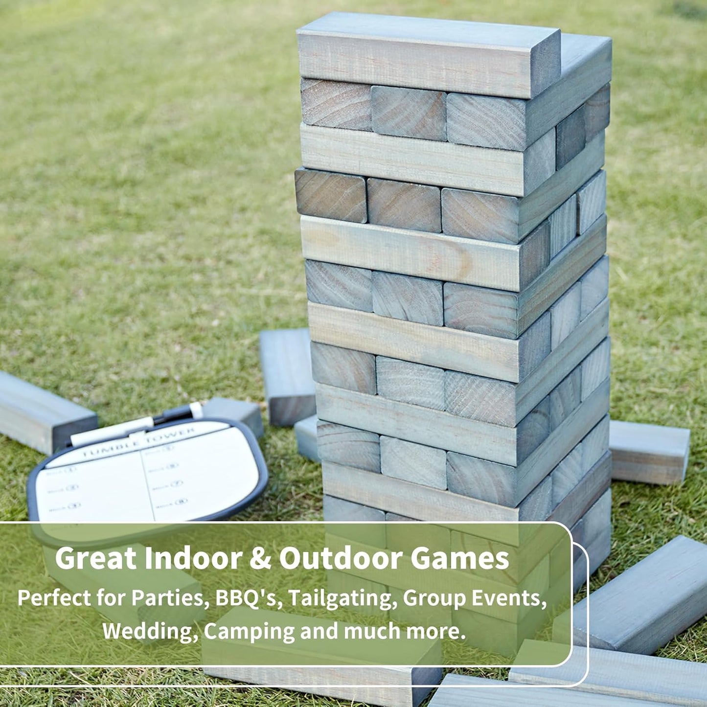 ApudArmis Giant Tumble Tower Stack to Over 5Ft, 60 PCS Pine Wooden Stacking Timber Game with 1 Dice Set - Classic Block Giant Outdoor Game (7.48 * 2.48 * 1.5 in Each Block, Gray)