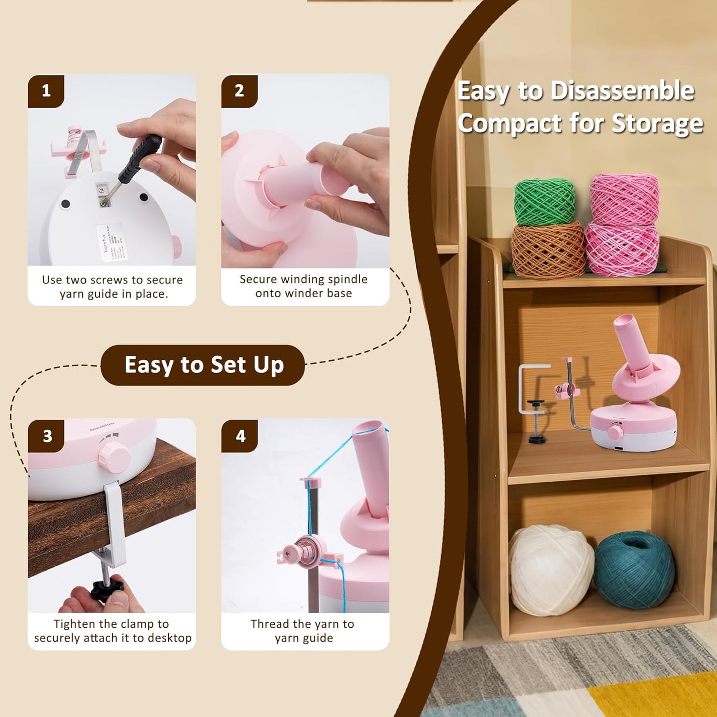 Yocrefun Electric Yarn Winder, Automatic Yarn Ball Winder for Crocheting & Knitting, Stepless Speed, Easy to Use, Efficient Large Capacity Yarn Cake Maker, Ideal Gift for Yarn Lovers (Pink)