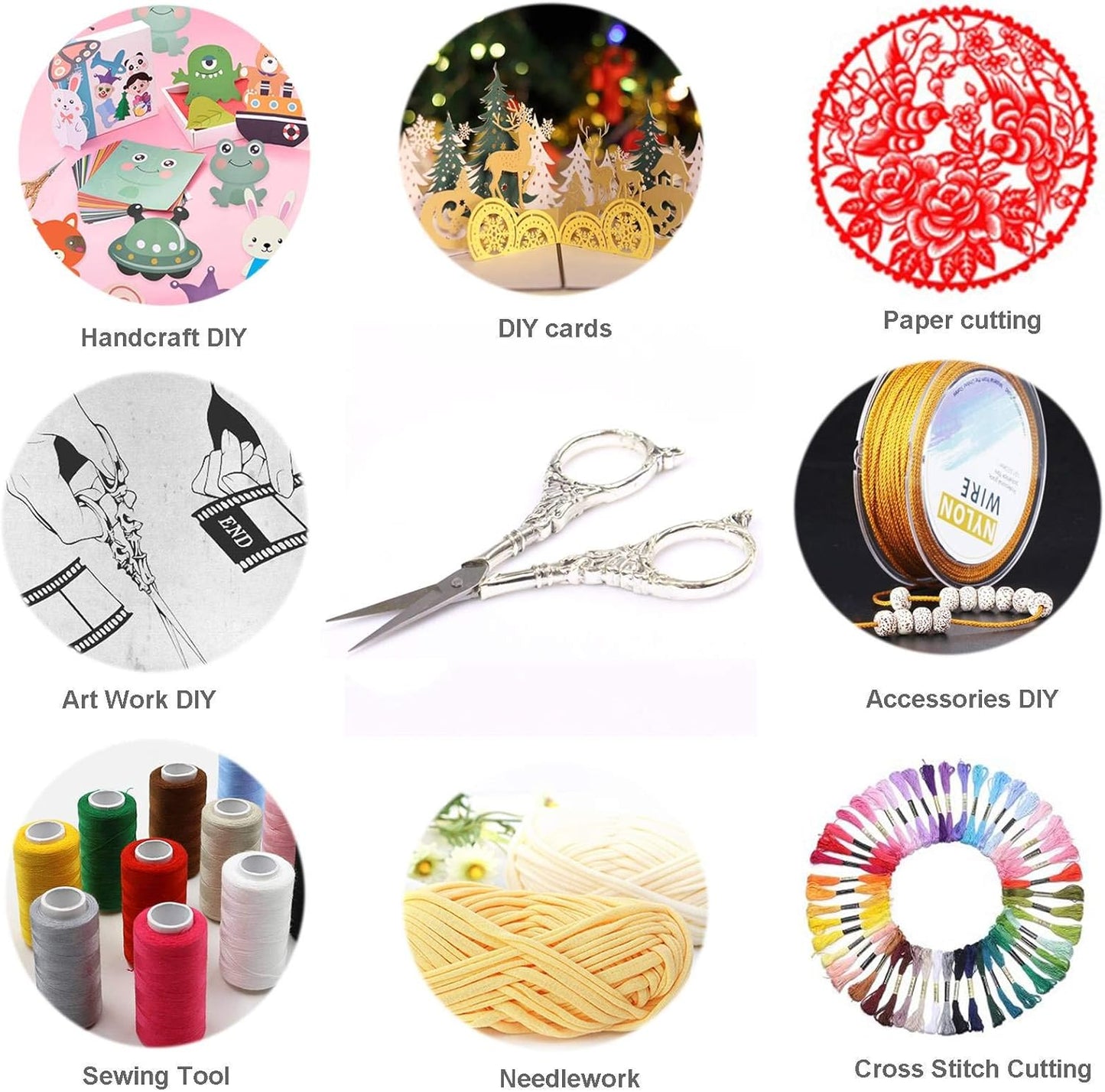 BIHRTC Vintage European Style Scissors Stainless Steel for Cross Stitch Cutting Embroidery Sewing Handcraft Craft Art Work DIY Tool(Silver)