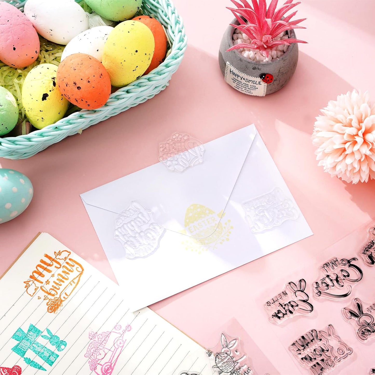 Whaline 5 Sheet Easter Clear Stamps Bunny Rabbit Egg Gnome Words Silicone Transparent Stamps Border Rubber Stamp Cards for DIY Crafts Card Making Scrapbooking Album Supplies