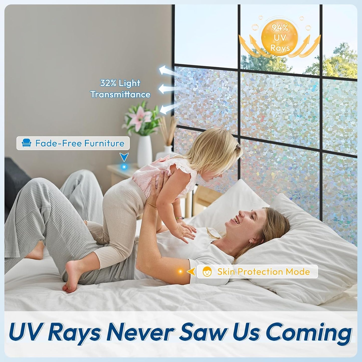 rabbitgoo Rainbow Window Privacy Film Decorative Stained Glass Diamond Pattern Window Sticker with Iridescent Tint Non-Adhesive Static Cling for Home Office Crystal Pattern, 23.6 x 118.1 inch