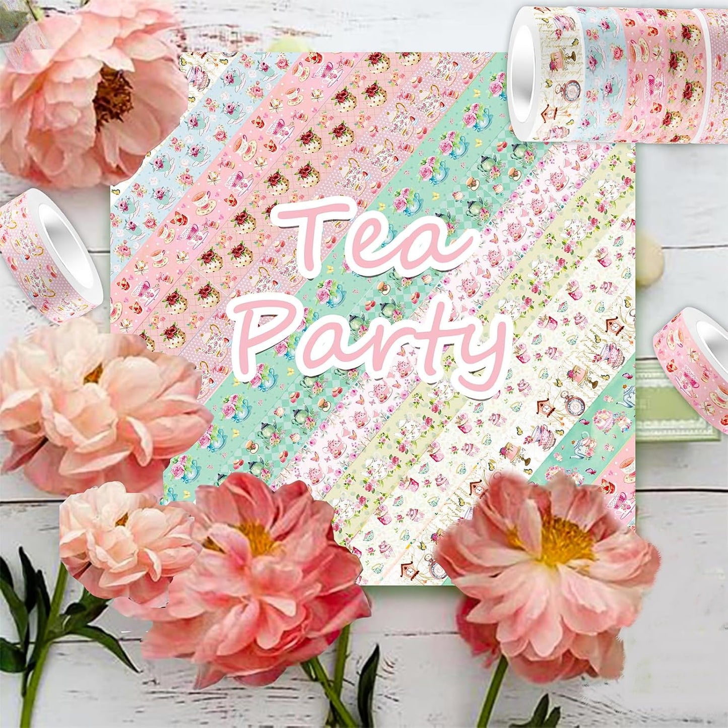 12 Rolls Tea Party Washi Tape, Afternoon Tea Decorative Tape for Scrapbooking, Bullet Journals, Planners, Party Decorations, DIY Crafts, Gift Wrapping, 16.4FT