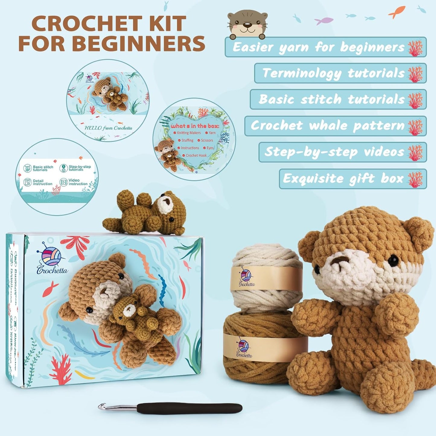 Crochetta Crochet Kit for Beginners, Crochet Starter Kit w Step-by-Step Video Tutorials, Beginner Crochet Kit for Adults Kids Women Men Complete Kit Included (Otter Mom and Baby)