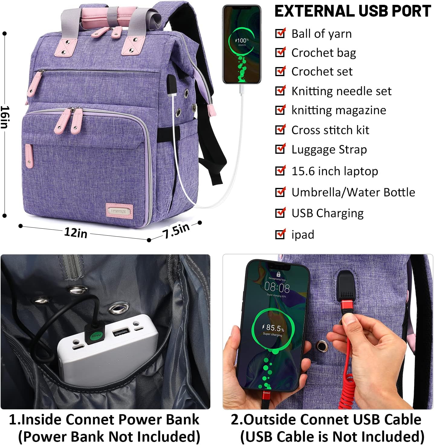 Crochet Backpack,Knitting Bag Backpack Yarn Storage Organizer Travel Crochet Bag with USB Charging Port,Large Yarn Tote Bag, Purple, Crochet Backpack, Travel