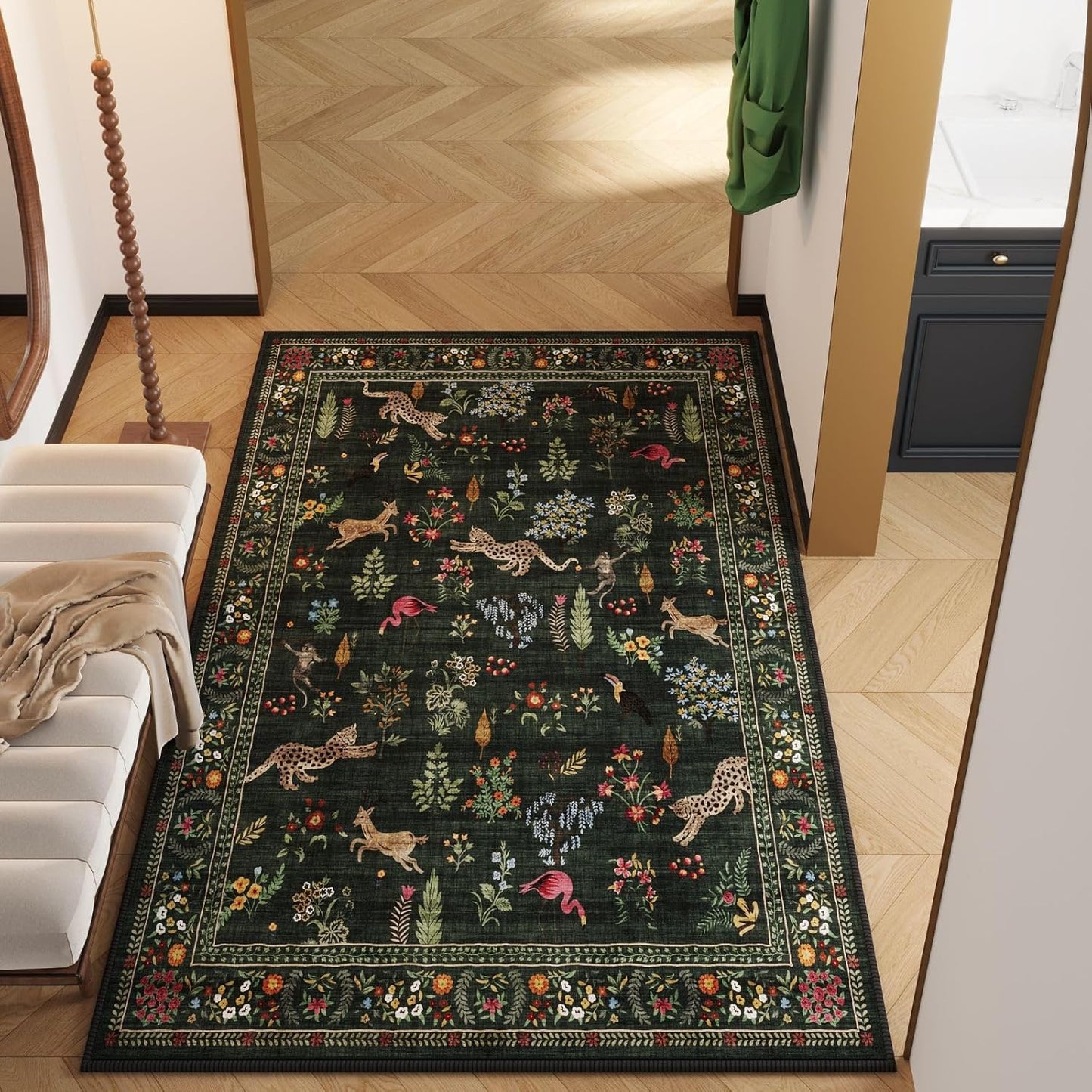 Rugcomf Area Rug 4x6 Rug Washable Boho Rugs Non Slip Low Pile Floral Animal Small Carpet for Bedroom, Bedside, Kids Room, Office, Dining Room (Green)