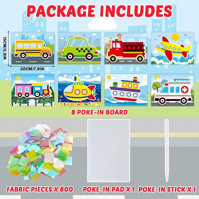 8PCS Poke-in Craft and Art Kit Transportation Vehicle Theme No-Mess Fabric Sewing Art Puzzle Puncture Painting Truck Car Toy Gift Creative Activity Game Birthday Party