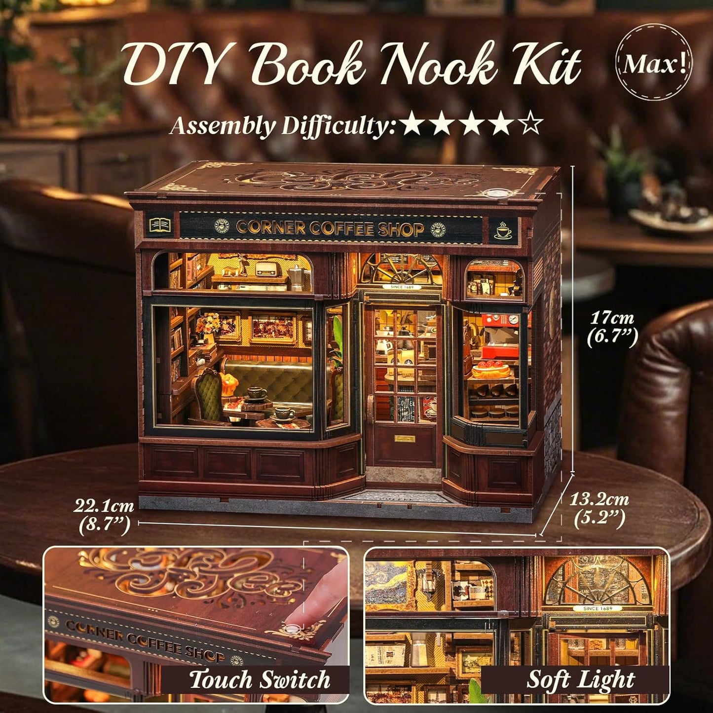 CUTEBEE Book Nook Kit - DIY Miniature House Coffee Shop Dollhouse Kit for Adults and Teens, Booknook Tiny House Bookshelf Decor 3D Wooden Puzzle, Gifts for Family, Friends (Corner Coffee Shop)