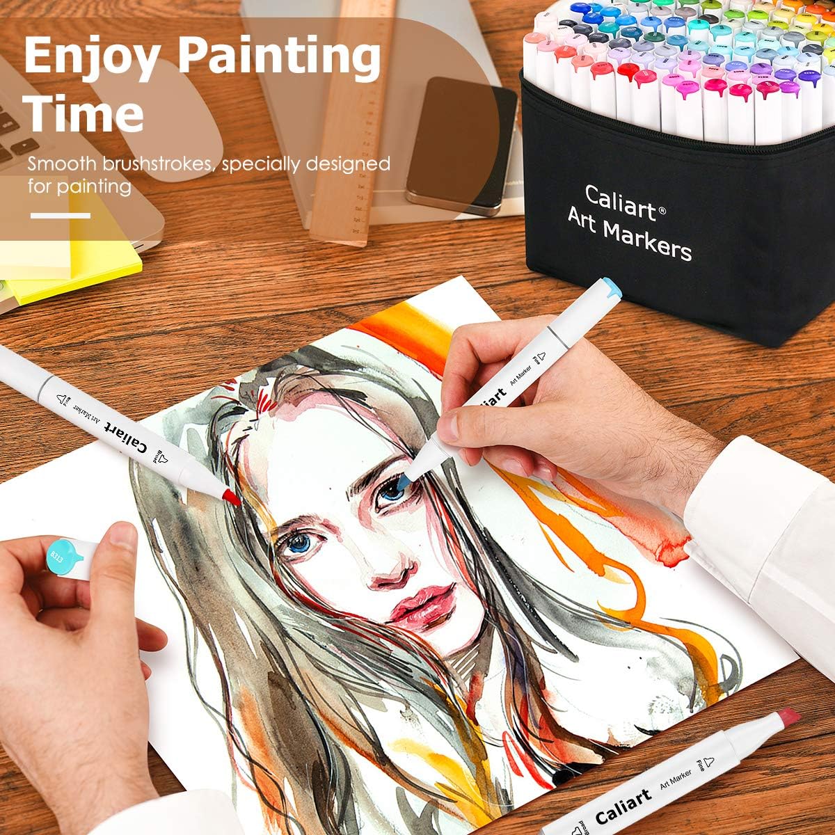 Caliart Markers, 100 Colors Dual Tip Art Markers Sketch Pens Permanent Alcohol Based, with Case for Adult Artist Halloween Drawing Sketching (White Barrel)