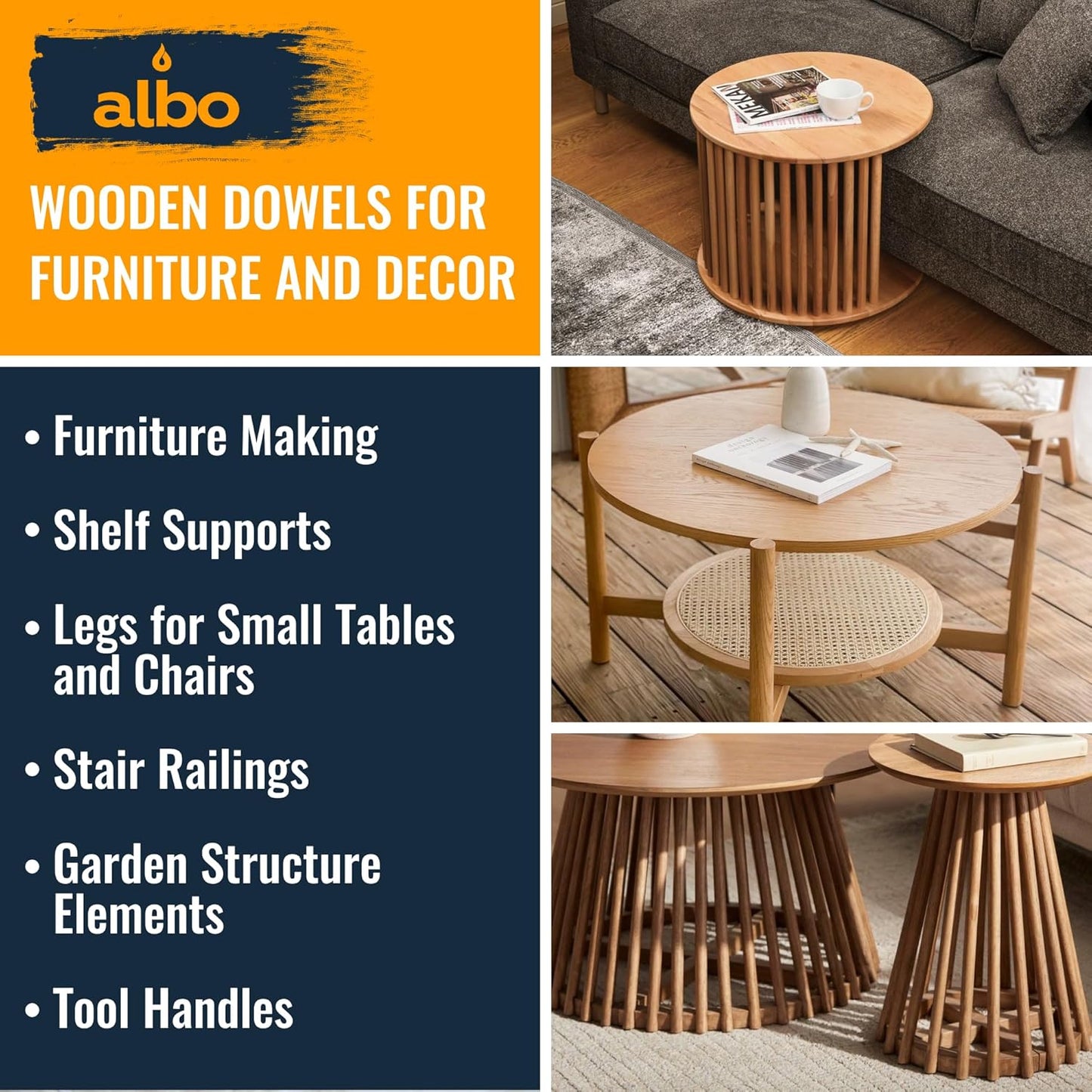 ALBO 1" x 36" Wooden Dowel Rods Set - 5 Pack Birch Natural Strong Craft Sticks Stair Rails Shelf Supports Decor Hardwood Smooth Finish Woodworking Material DIY Furniture Bulk Value Pack