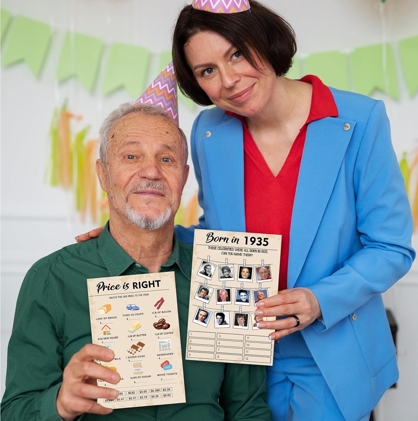 90 th Birthday Party Games, Set of 2 Activities for 15 Guests, Born in 1935 Games Bundle, Birthday Party Supplies for Adults, Pack of 30 Cards