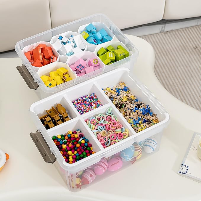 Citylife 17 QT Plastic Storage Box with Removable Tray and 6 Detachable Tall Inserts Craft Organizers and Storage Clear Storage Container for Organizing Crayon, Craft, Sewing, Playdoh, 2 Packs