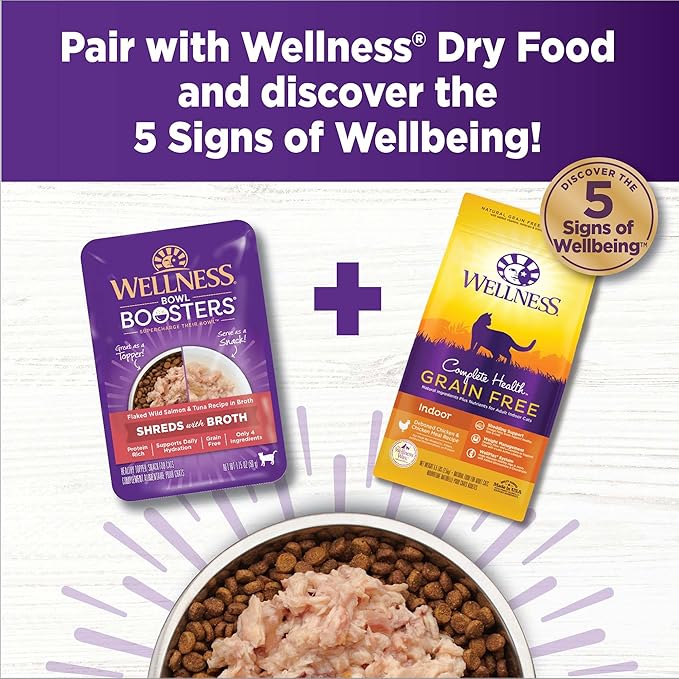 Wellness Bowl Boosters Wet Cat Food Topper, Grain Free, Natural, Flaked Salmon & Tuna Recipe in Broth, 1.75 Ounce Pouch (Pack of 12)