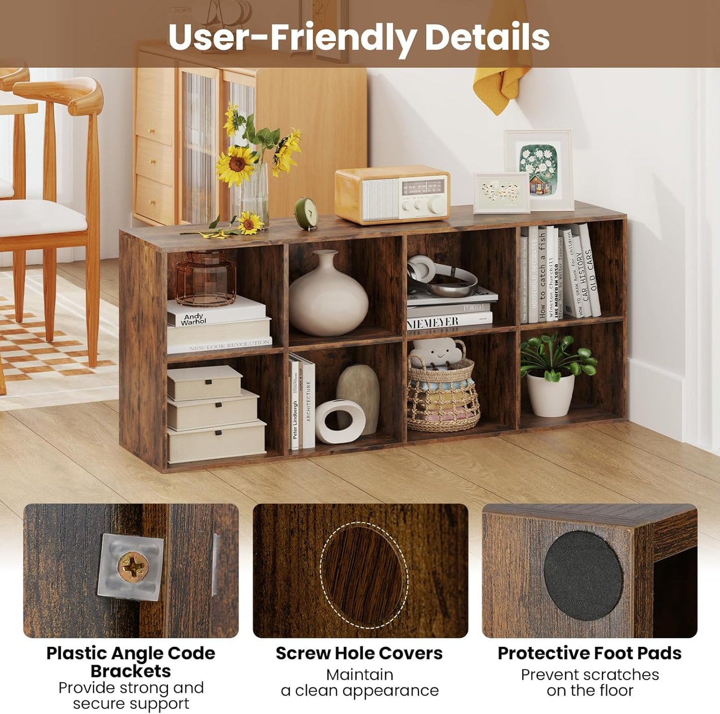 Giantex 8-Cube Bookcase, Floor Standing Bookshelf with Storage & 2 Anti-Tipping Kits, Open Storage Organizer, Cubby Wooden Book Shelf for Living Room, Study & Bedroom, Rustic Brown