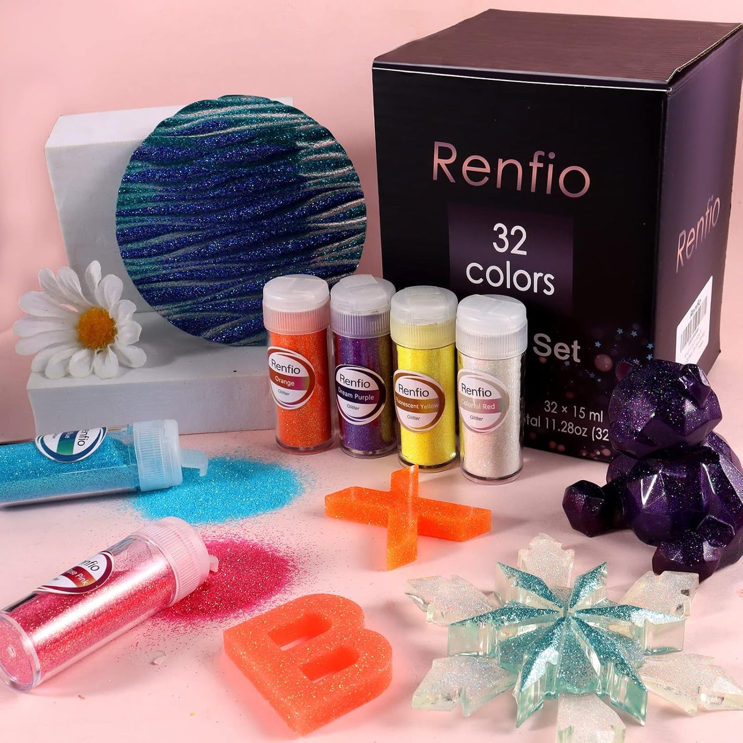Renfio 32 Colors Iridescent Glitter Set, 16.93oz 480g Ultra Fine Glitter Powder PET 1/128" 0.008" 0.2mm Resin Suppies Assorted Craft Glitter for Fake Nails, Resin Art, Tumblers, Slime, Hair, Bomb