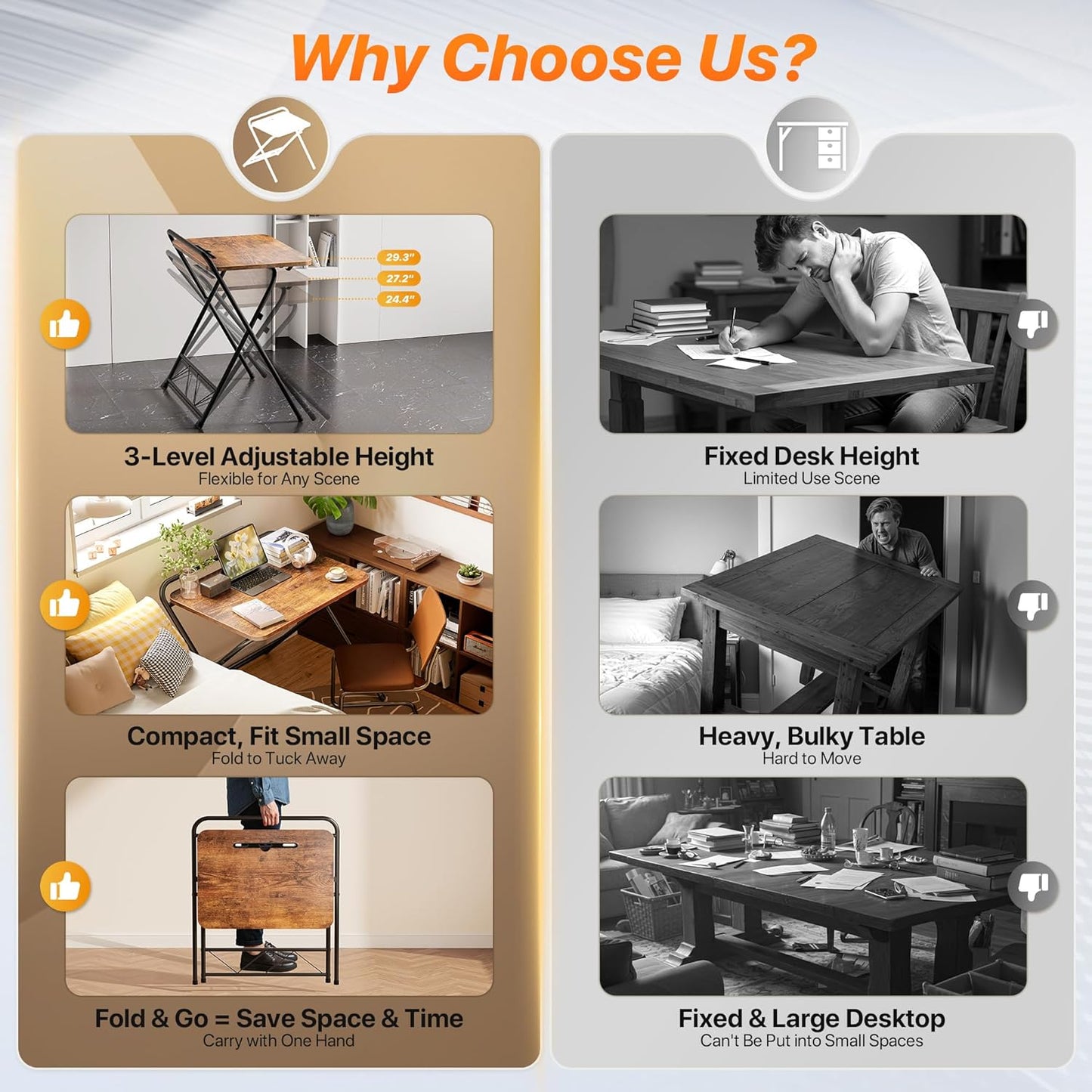 Huuger Folding Desk with 3-Level Adjustable Height and Tablet Slot, 24 Inch Foldable Computer Desk for Small Spaces, Space Saving, Writing Work Table for Home Office, Bedroom, Study, Rustic Brown