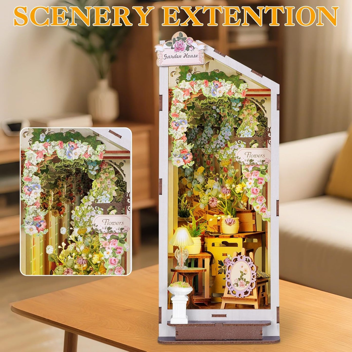 Book Nook Kits for Adults, Miniature House 3D Puzzle Kit for Teens, DIY Crafts for Adults, Bookshelf Decor Garden House with LED Light, Gifts for Family and Friends