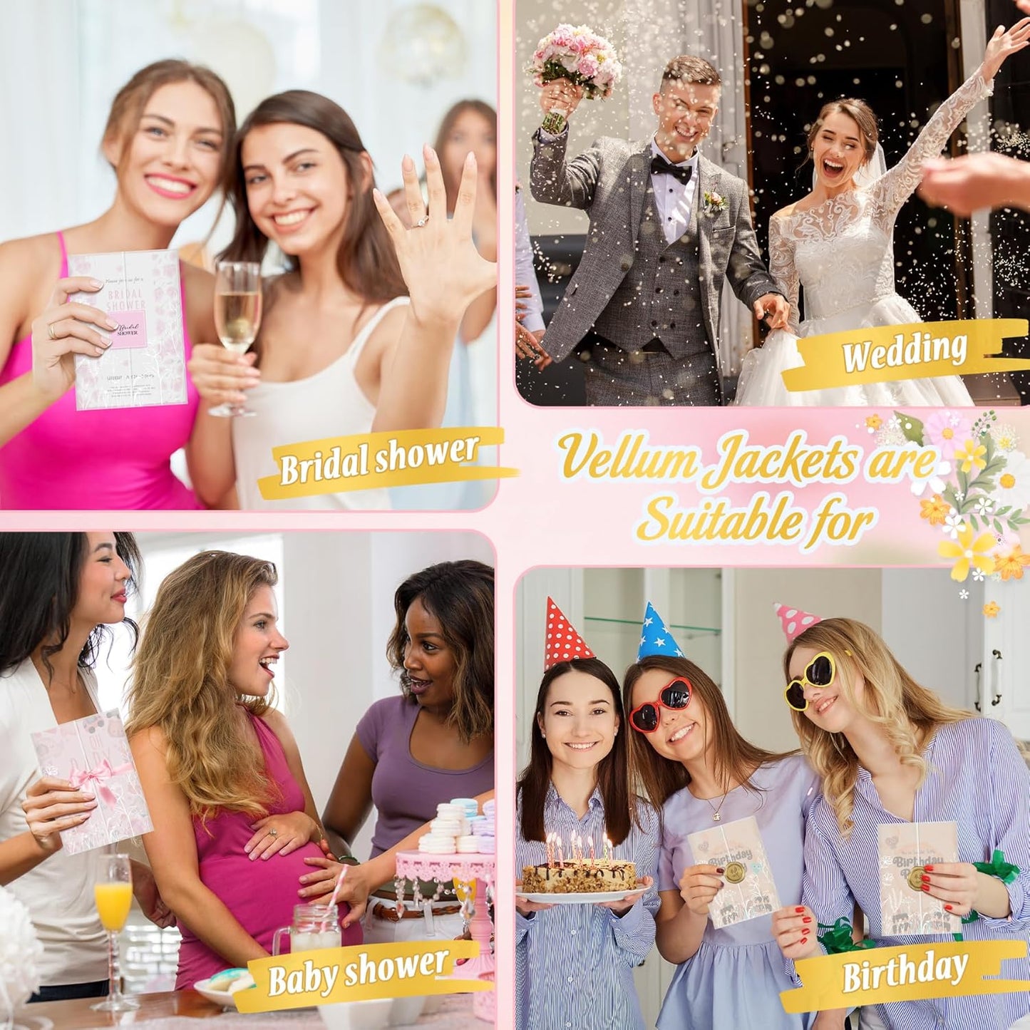 HAUTOCO 200 Pack Vellum Jackets for 5x7 Invitations, Pre-Folded Translucent 135GSM Vellum Paper Wraps, White Flower Envelope Liners Wedding Invitations Accessories