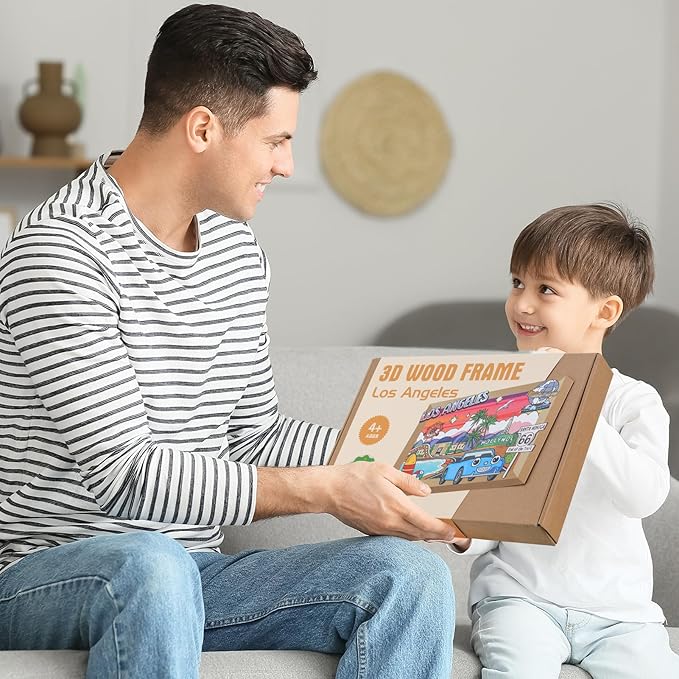 Art Crafts Gift for Kids 4-8ages 3D Wooden City Landmark Series Frame Kit for Kids - DIY Los Angeles Cartoon Style Puzzle Toys Perfect Wall Art and Tabletop Decoration