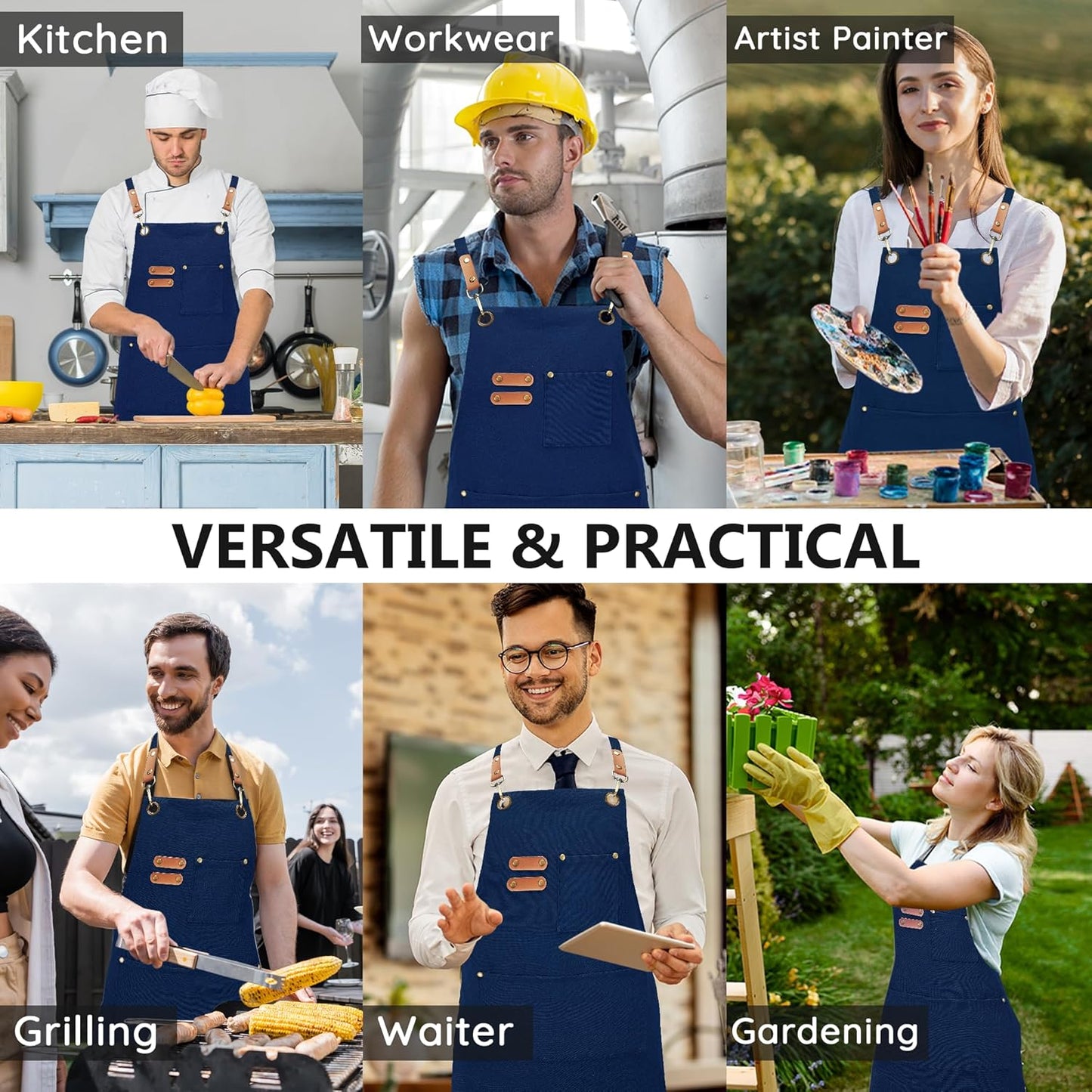 Canvas Aprons, Kitchen Chef Aprons, Work Aprons for Men Women, Adjustable Strap Aprons with 3 Pockets