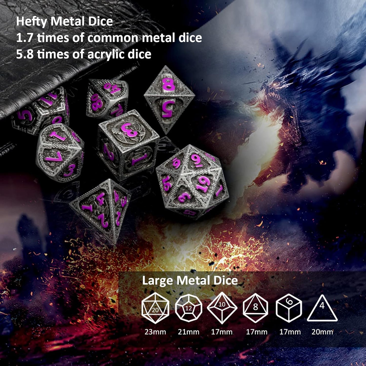 Haxtec Metal DND Dice Set Black Purple Dragon Pattern D&D Dice Set with Leather Dice Bag Metal Polyhedral Dice Compatible with Dungeons and Dragons TTRPG Gifts