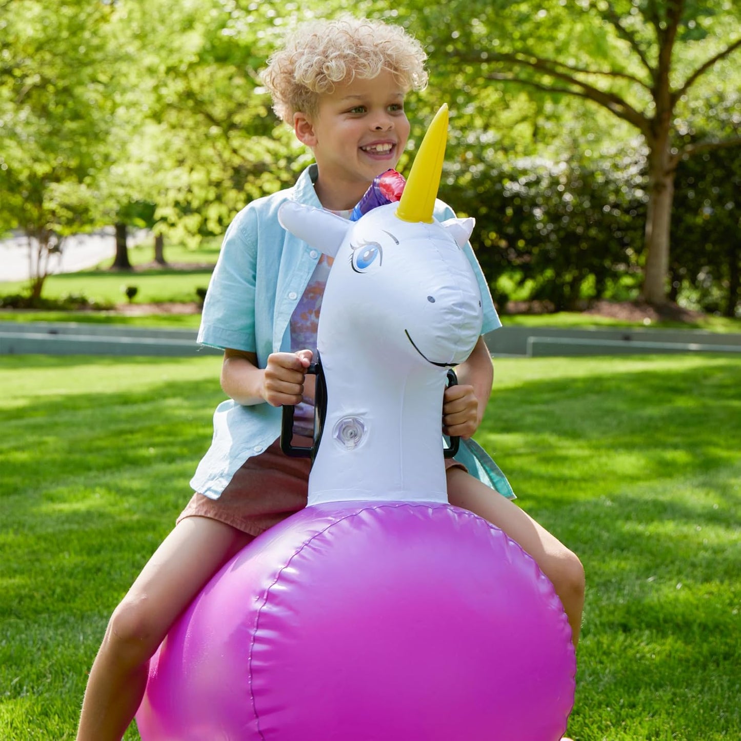 Hearthsong Hop N Go Inflatable Unicorn Riding Bouncy Hopping Toys for Kids Ages 5+ - Ride On Bouncer Animal Hopper Jumping Toys for Outdoor Games