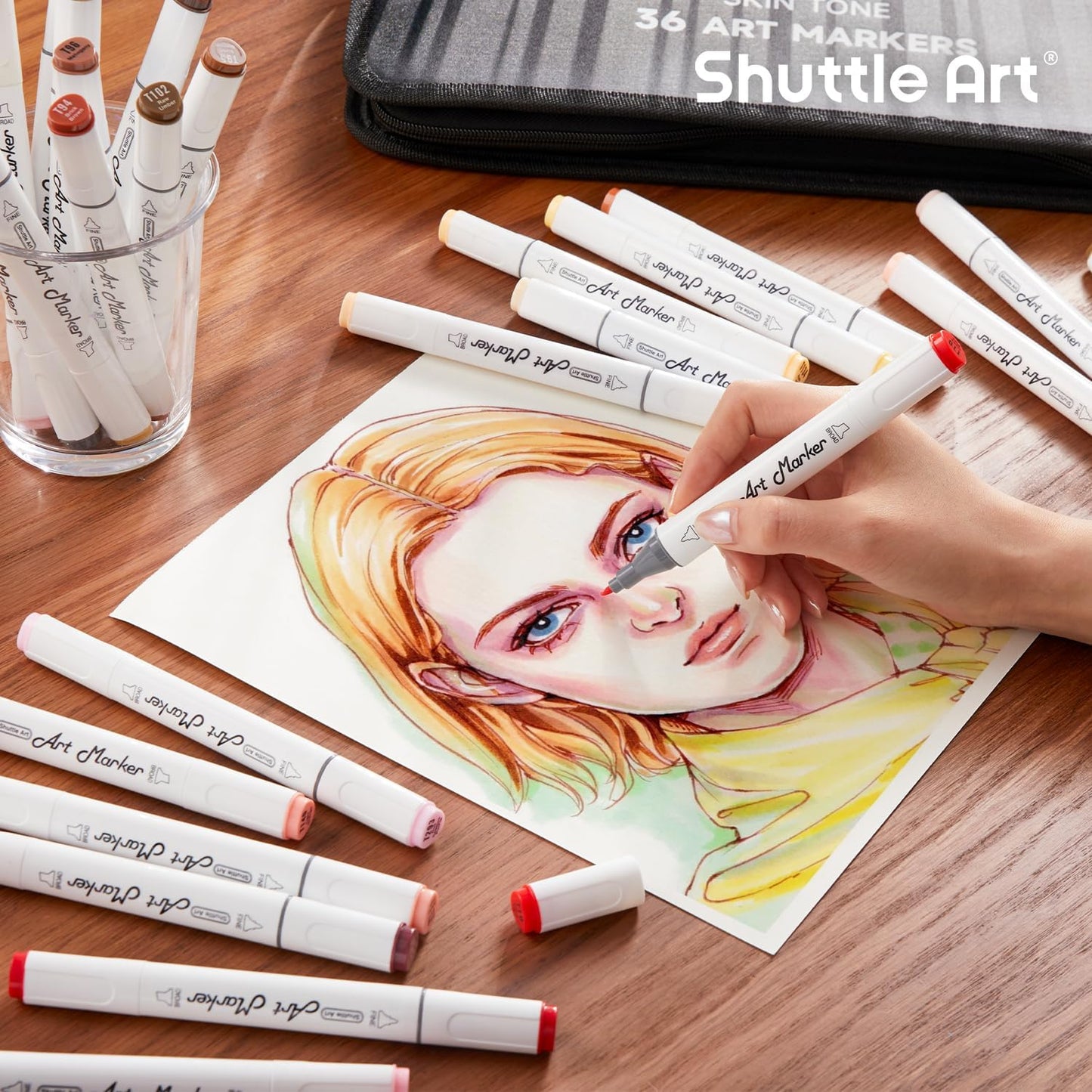 Shuttle Art 36 Colors Skin Tone&Hair Art Markers, Dual Tip Alcohol Based Marker Pen Set Contains 1 Blender 1 Carrying Case 1 Marker Pad Perfect for Kids & Adults Portrait,Comic, Anime, Manga