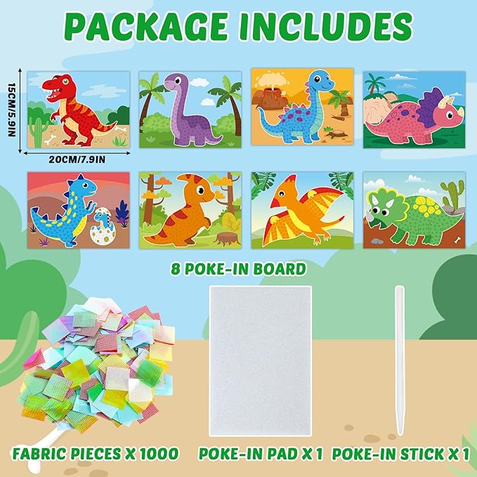 8PCS Poke-in Craft and Art Kit Dinosaur Theme No-Mess Fabric Sewing Art Fabric Puzzle Puncture Painting Dino Toy Gifts for Creative Activity Game Birthday Party